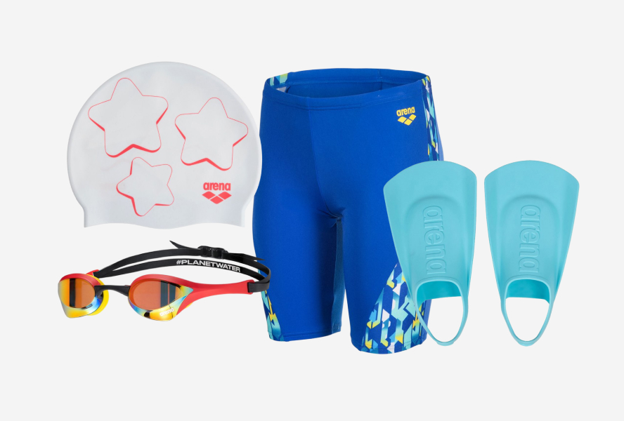 Набор пловца: очки Arena Cobra Ultra Swipe, плавки Arena Print Swim Jammer, шапочка Arena Print, ласты Arena Fins Kids