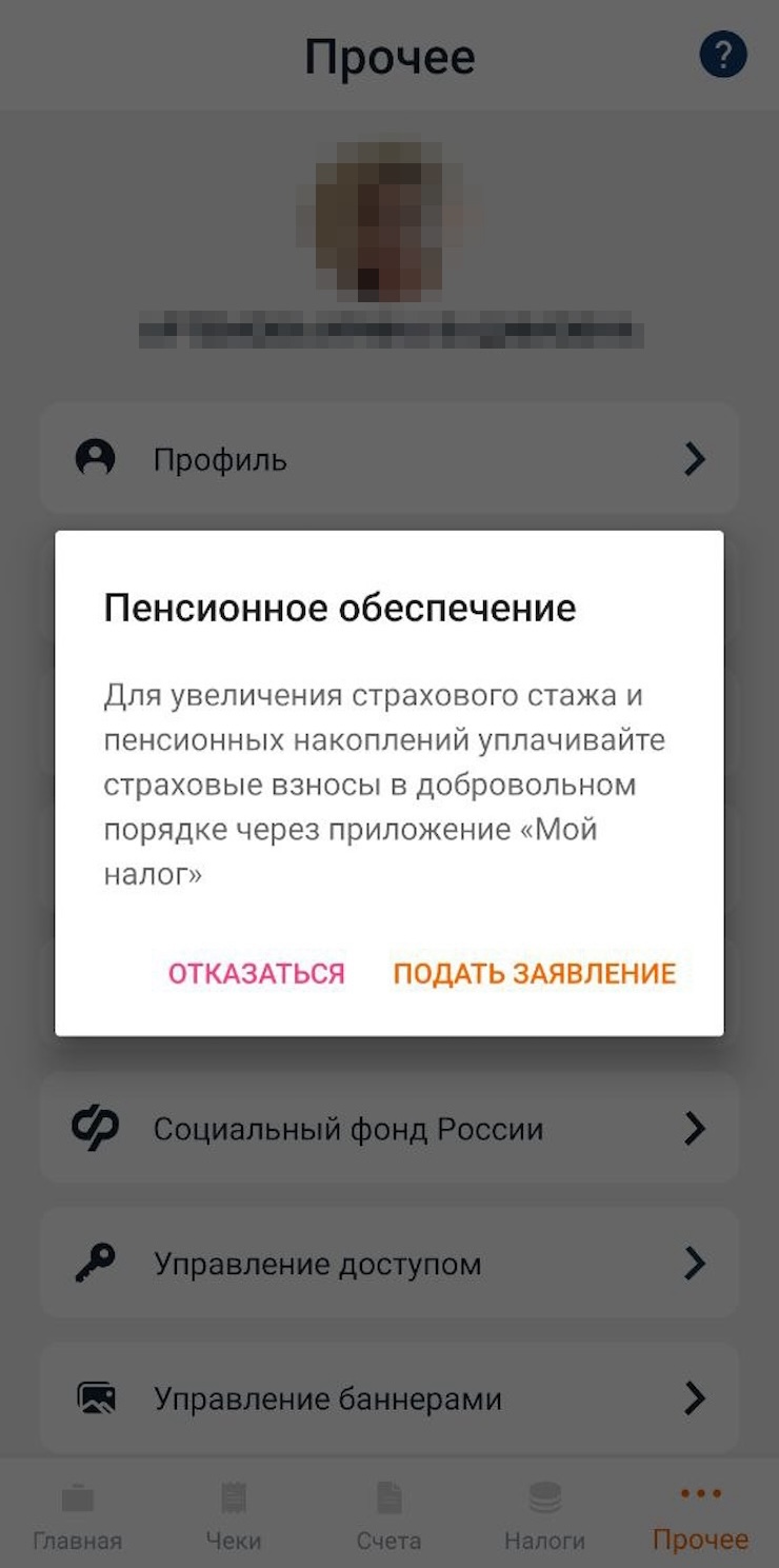 Заявку можно подать в разделе «Прочее» — «Социальный фонд России». Пенсионный взнос самозанятые платят по желанию