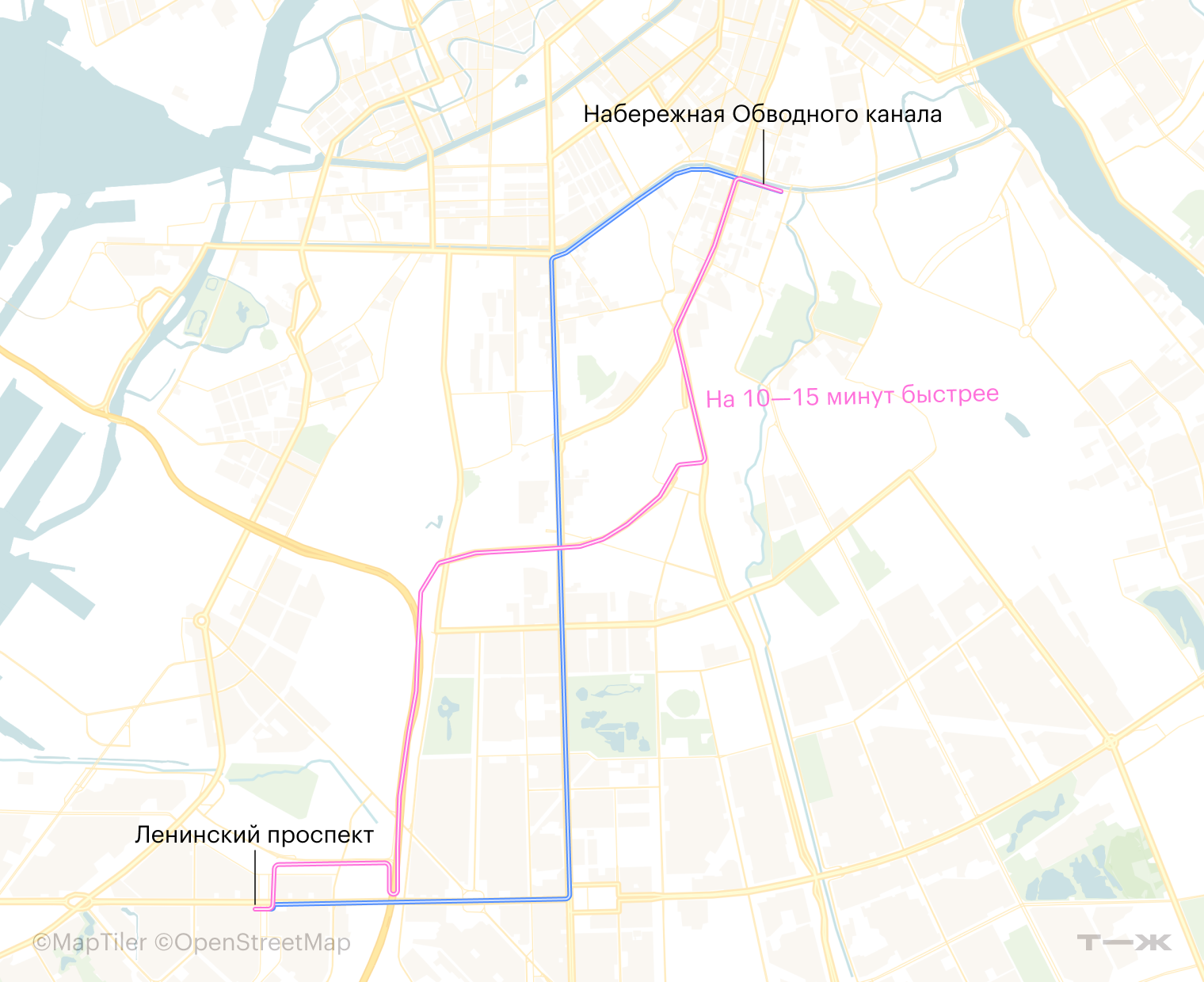 Путь от Ленинского проспекта до набережной Обводного канала — 12 км, но проезд через ЗСД и Витебскую развязку будет на 10—15 минут быстрее