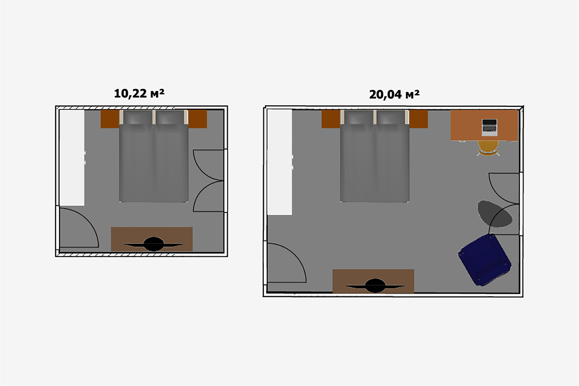 Нужно постараться, чтобы в двадцатиметровой спальне избавиться от ощущения пустоты. Если в комнате планируется только отдыхать, то будет достаточно и 10 м². На них уместится двуспальная кровать, пара тумбочек, бельевой комод с телевизором и шкаф