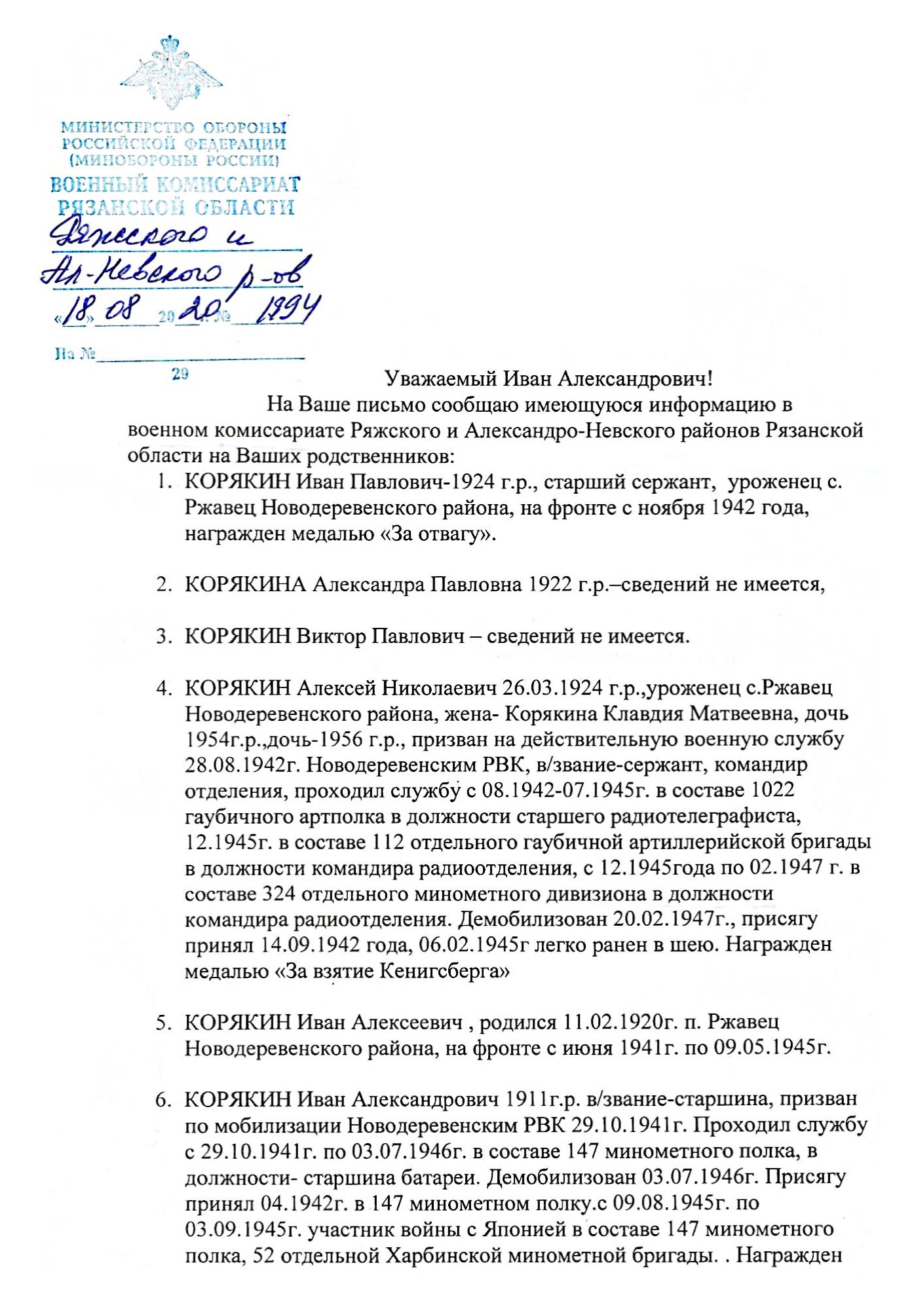 Автор курса «Генеалогия: исследуем собственную историю» отправил в районный военкомат целый список с именами родственников. Сведения по некоторым из них оказались довольно подробными, по остальным информации не нашлось