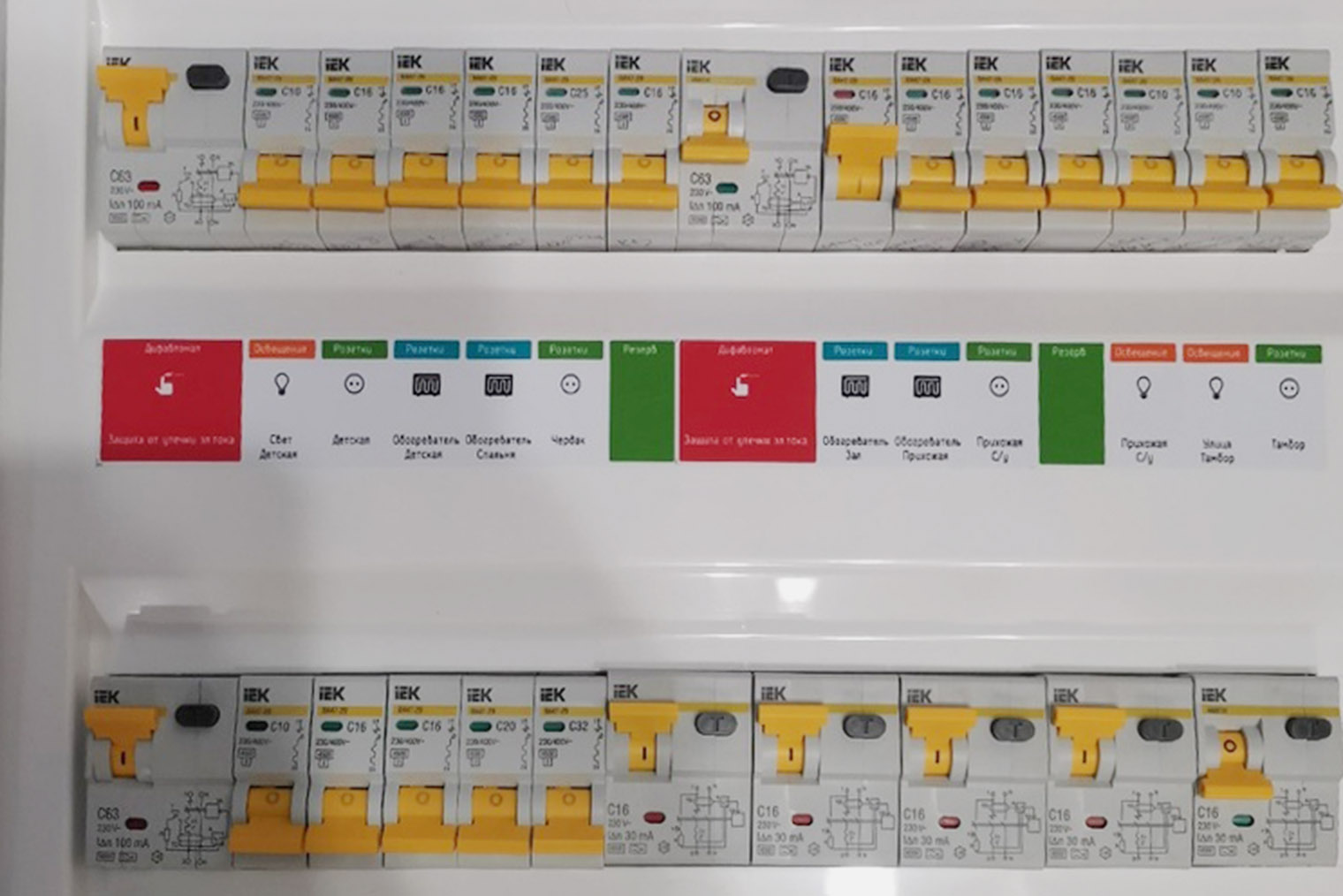 Обычные автоматические выключатели узкие, а АВДТ пошире и с кнопкой «Тест» на передней панели. Фотография: Руслан Юсупов