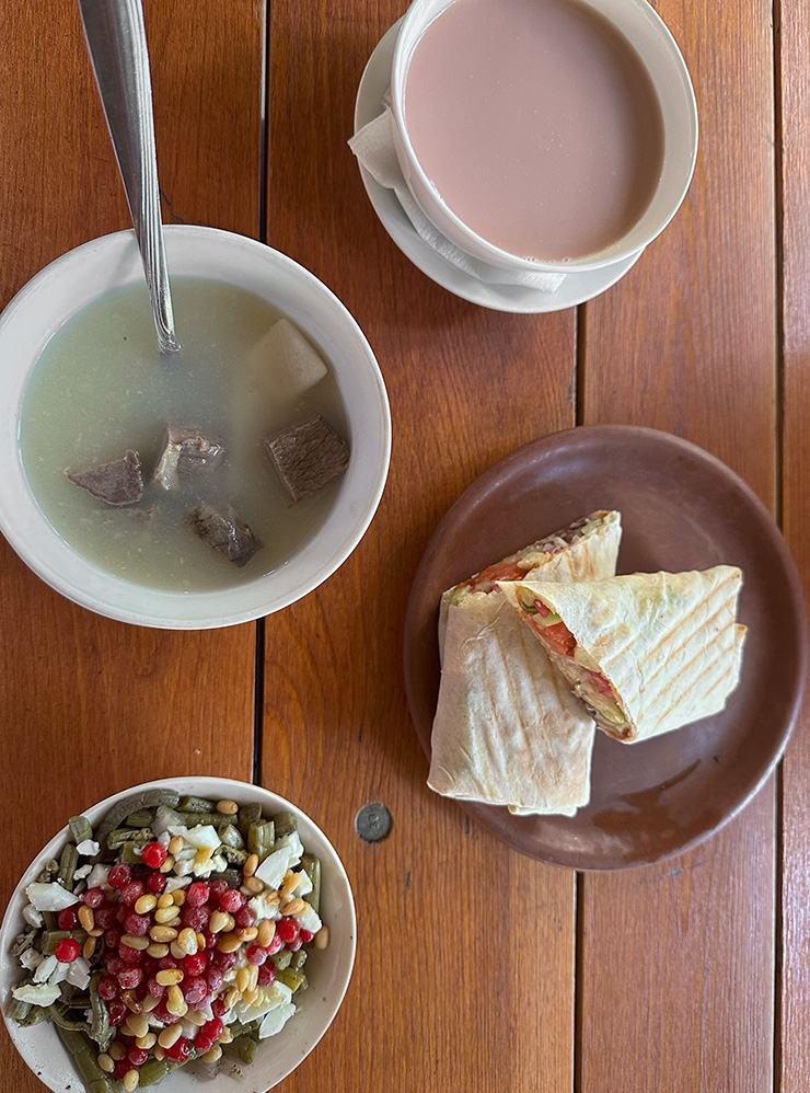 Обед на Алтае. Суп с мясом марала, салат с папоротником, шаверма с маралом и чай с толокном