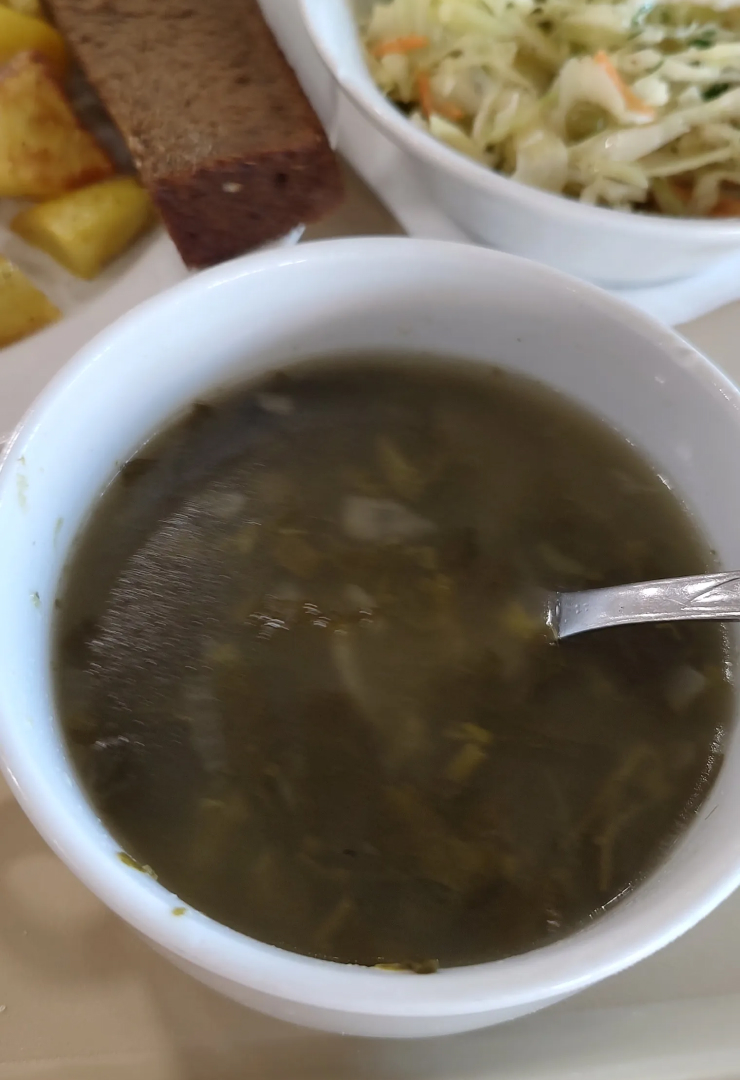 На первое — суп постный картофельный с щавелем (цена 25 р.), в порции супа попалось пару кусочком картошки, остальное щавель