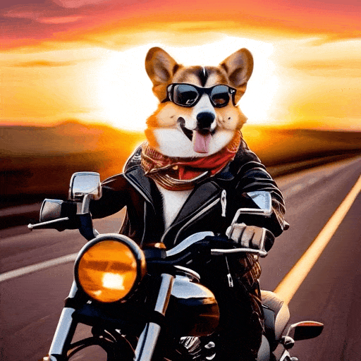 Запрос: корги-байкер едет на мотоцикле по трассе, на нем кожаная куртка, бандана и темные очки, на заднем плане закат