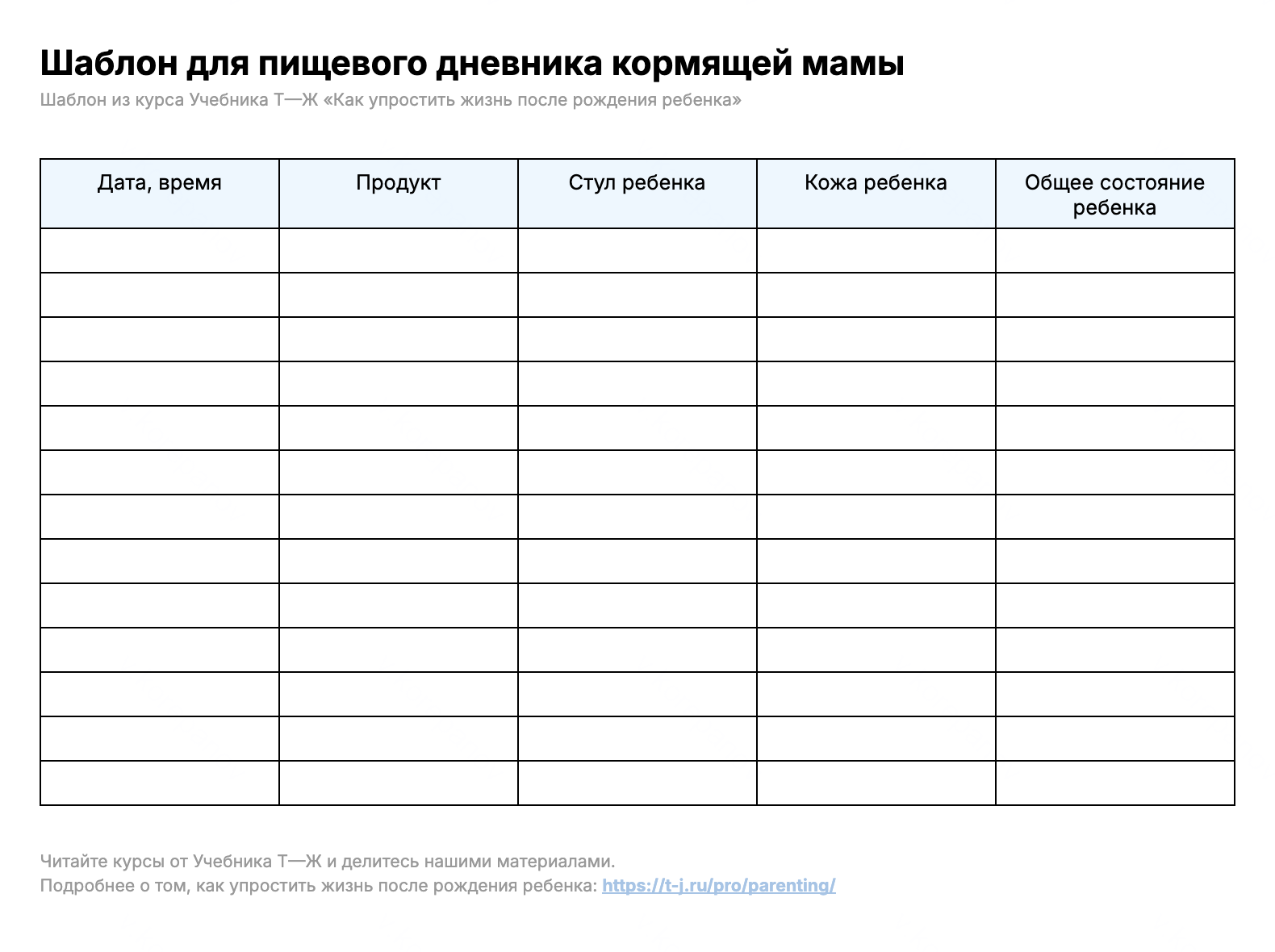 Ведите дневник питания по такому шаблону, если подозреваете у ребенка аллергию на белки