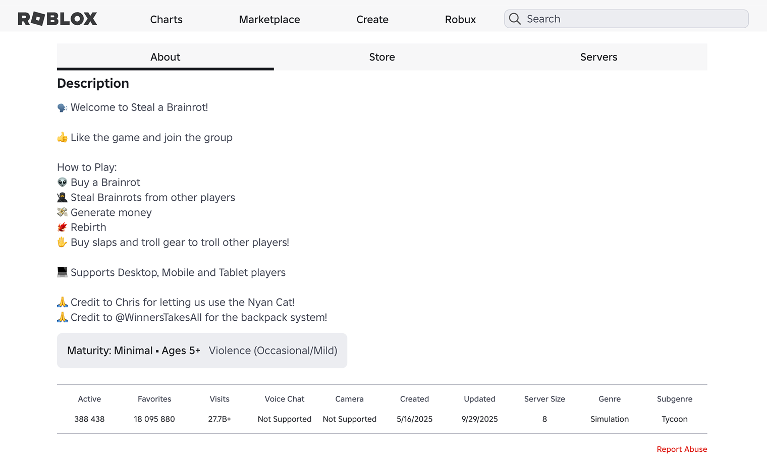 На официальной странице Steal a Brainrot в Roblox можно отслеживать количество активных игроков. В избранное игру добавили более 16 миллионов пользователей
