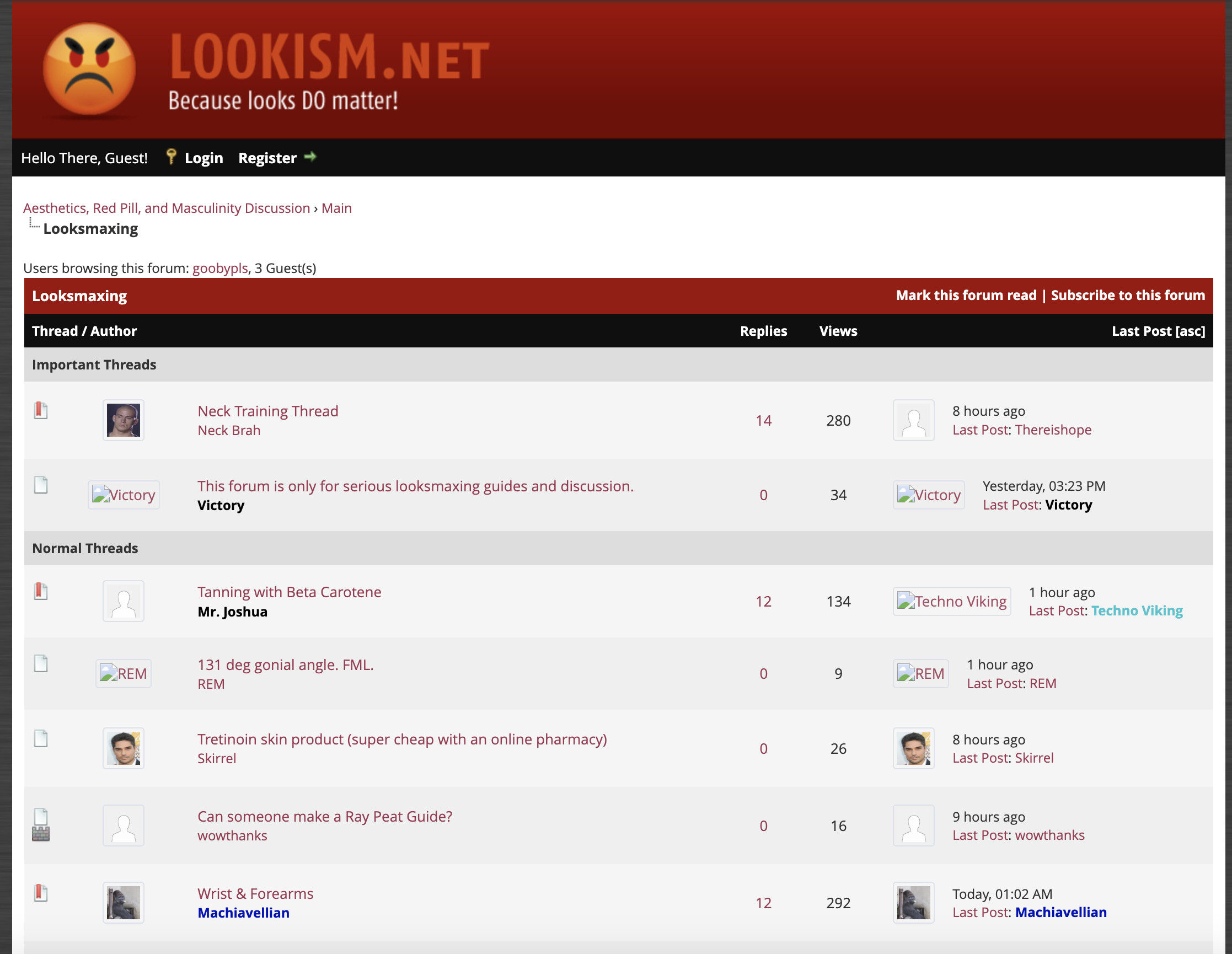 Lookism.net — первый сайт, целиком посвященный луксмаксингу. Появился в июле 2015 года, но уже не работает, а домен принадлежит порталу с подборками лучших онлайн-казино