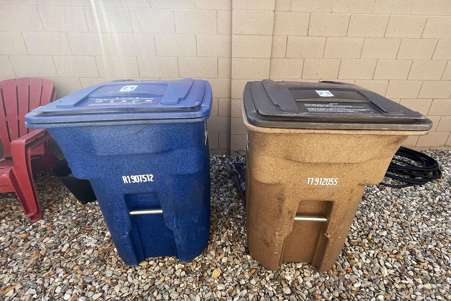 В синий бак выбрасывают мусор для переработки, в коричневый — обычный
