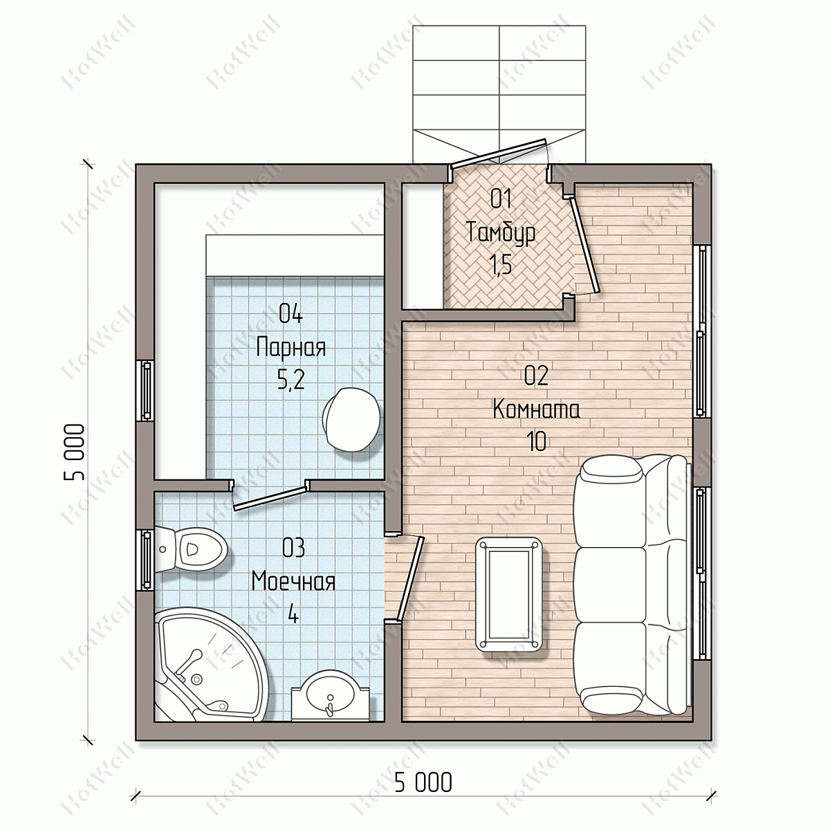 В планировке предусмотрены тамбур 1,5 м² и санузел 4 м². Источник: hotwell.com