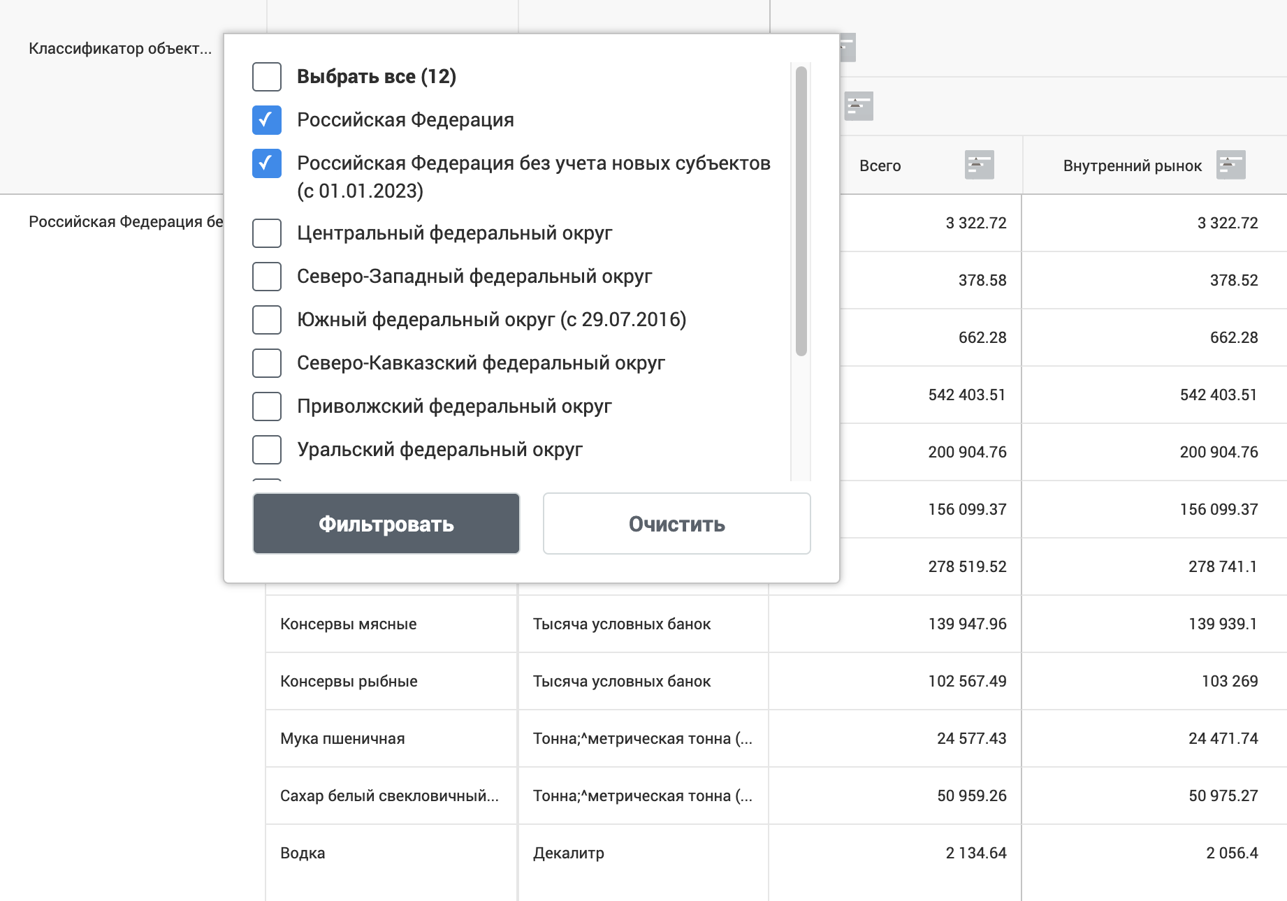 После выбора объектов нажмите на кнопку «Фильтровать»
