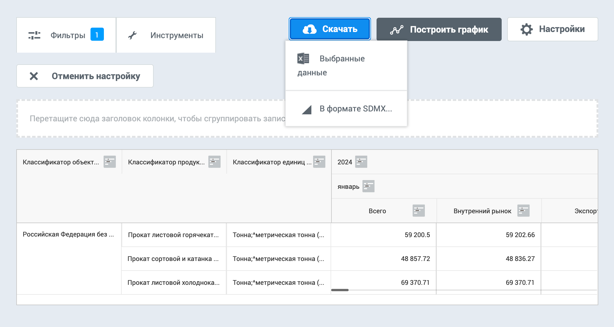 Выбранные данные можно скачать в формате электронных таблиц
