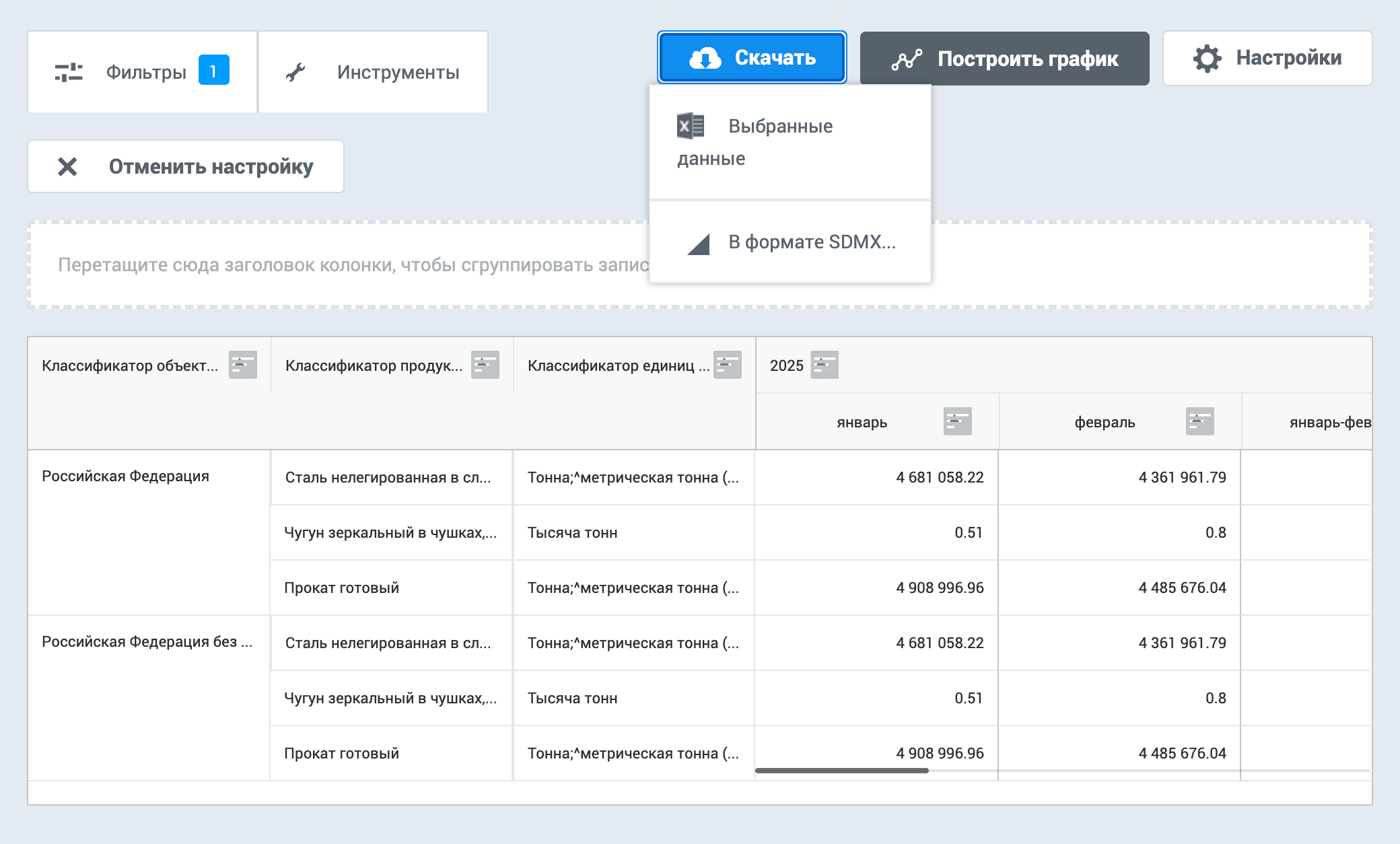 Выбранные данные можно скачать в формате электронных таблиц