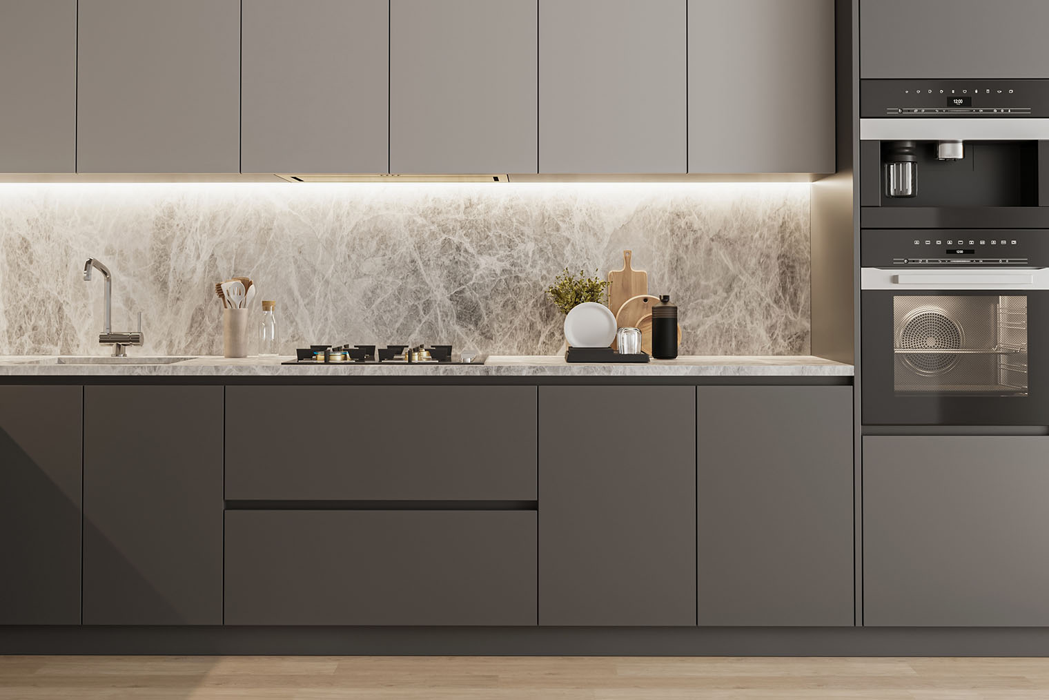 Оттенки серого — универсальный вариант для минималистичной кухни в среднем сегменте. Выбирайте верхние ящики в более светлом оттенке, чтобы они казались легче. Фотография: Shcherban Oleksandr / Shutterstock