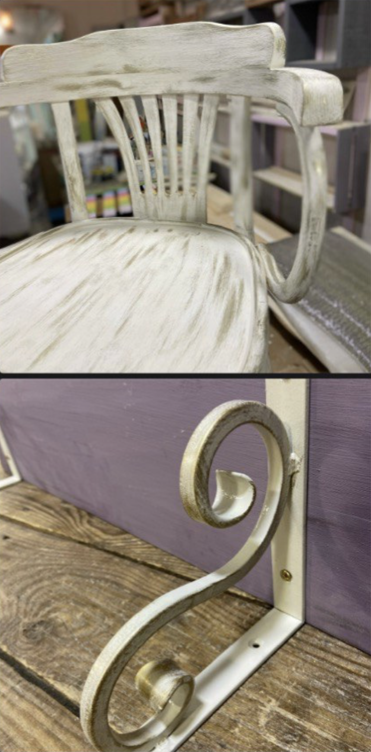 Верхняя часть стула: спинка, подлокотник, белая краска с золотистой патиной, техника «сухой кисти»