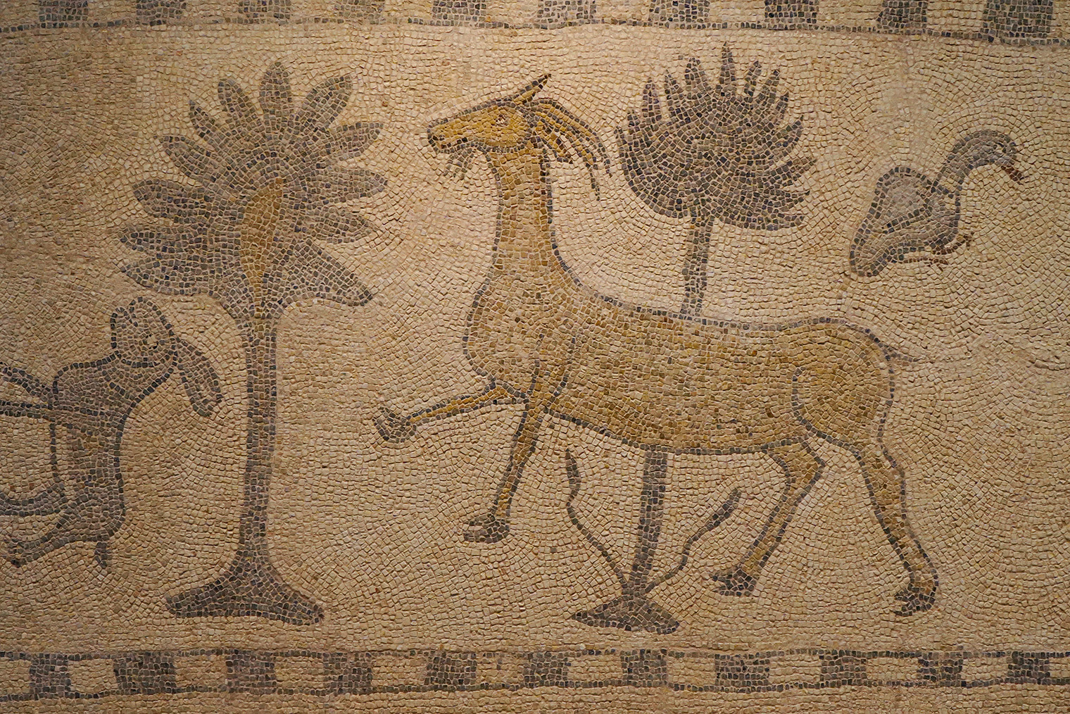 В музее есть не только римская мозаика, но и отдельный зал с мозаикой ранней эпохи. Эти работы выглядят забавно и напоминают детские рисунки