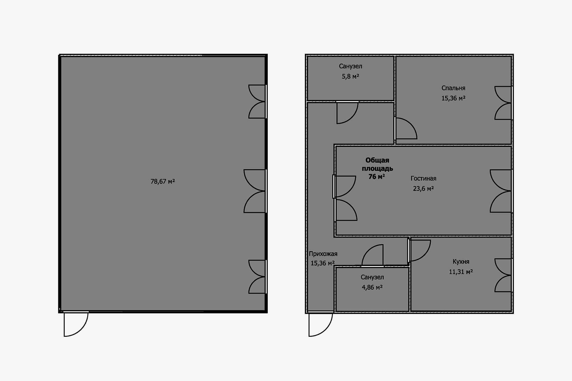 На двух планировках изображена одна и та же квартира, но в первом случае — свободной планировки, а во втором — уже после возведения стен. Мы видим, что площадь уменьшилась почти на три квадратных метра. За них покупатель переплачивает в среднем около полумиллиона рублей