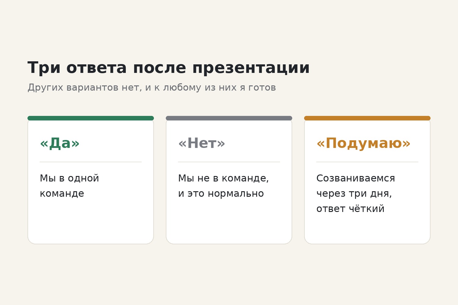 Ни один из трёх ответов не оставляет человека висеть в чате между «участвую» и «нет»