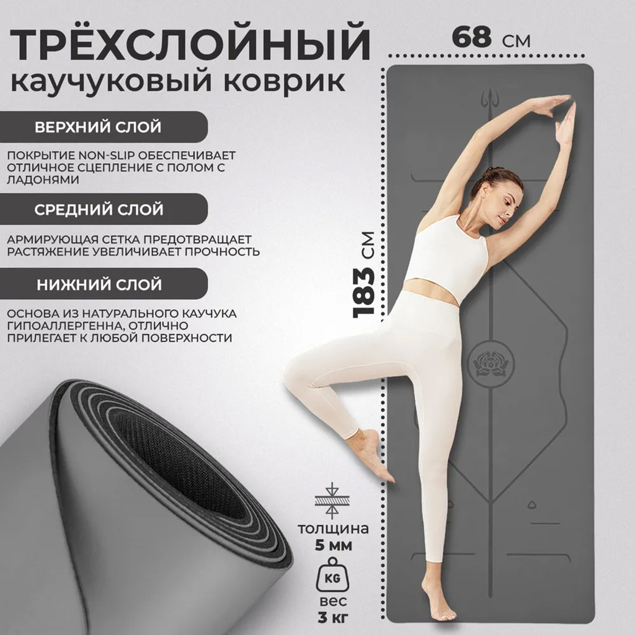 Длины коврика должно хватать для поз с вытянутыми руками и ногами — примерно как на картинке. Источник: ozon.ru
