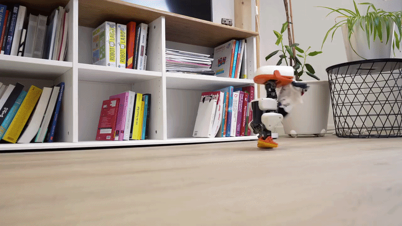 Microduck подбирает грязный носок и катается на роликах. © Pollen Robotics