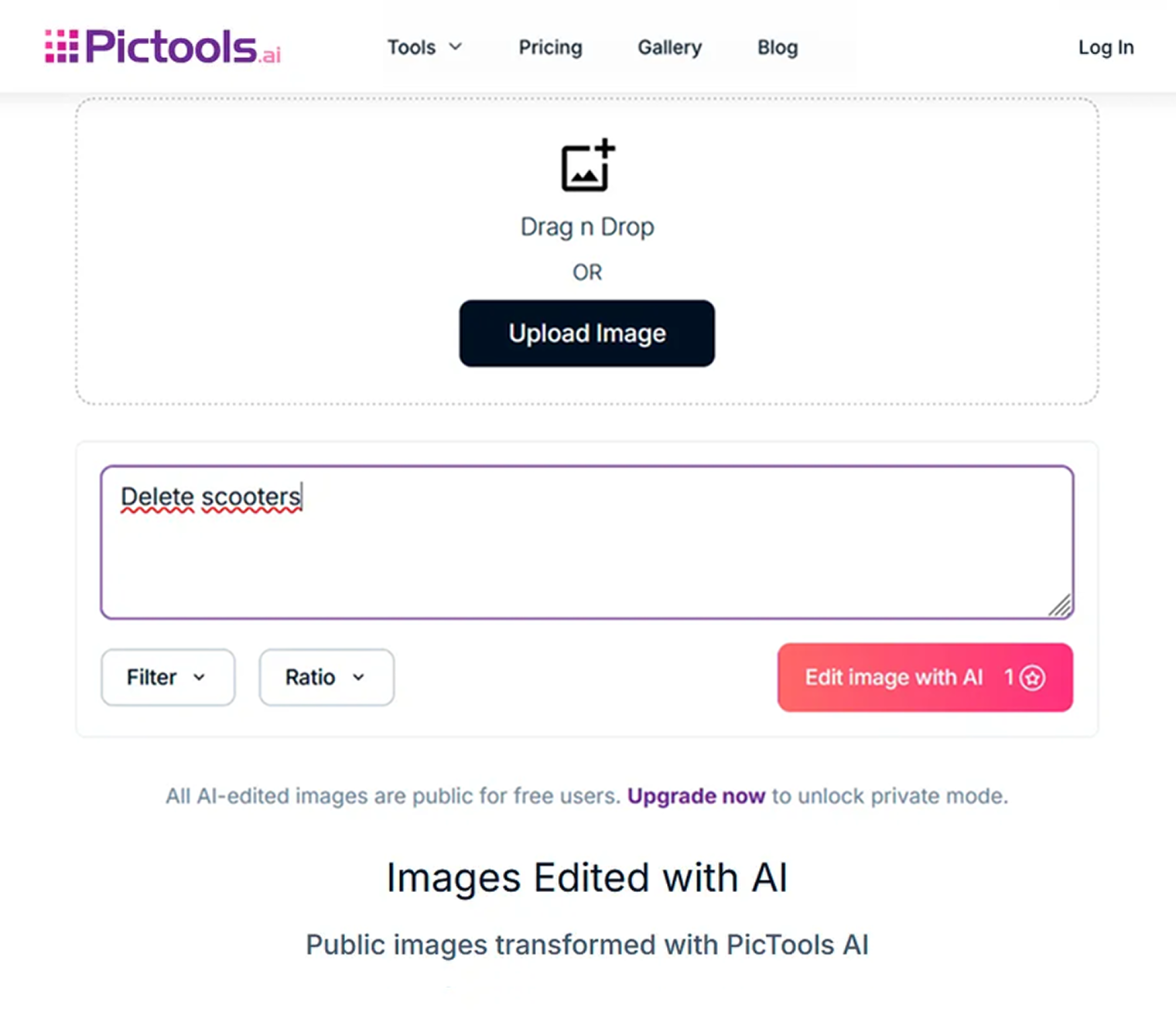 У PicTools минималистичный интерфейс: место для загрузки изображения, текстовое поле для промпта, выбор фильтра и соотношения кадра — на этом все