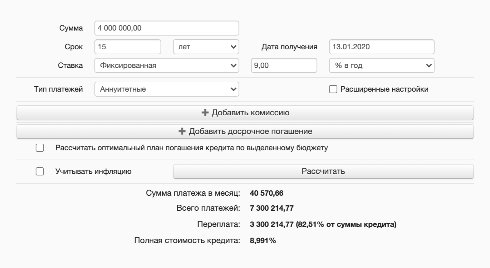 Переплата по кредиту без досрочных погашений — около 3,3 млн рублей
