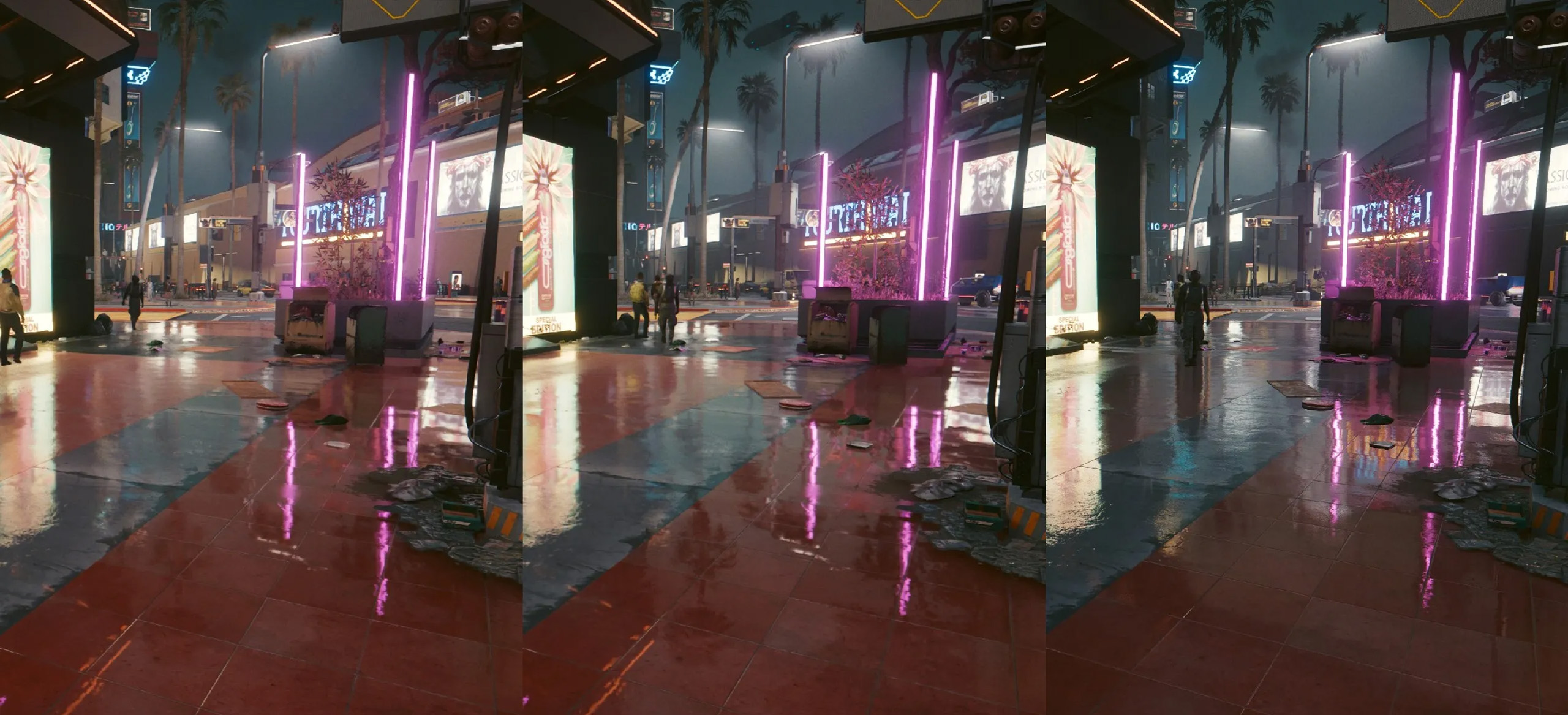 Пример из Cyberpunk 2077. Слева — трассировка пути, посередине — обычная обратная трассировка, справа — статичное освещение, расставленное художниками вручную. С трассировкой пути изображение выглядит светлее, с естественными бликами. Без трассировки на стенах не видно цветных отсветов от вывесок. Кадр: CD Project