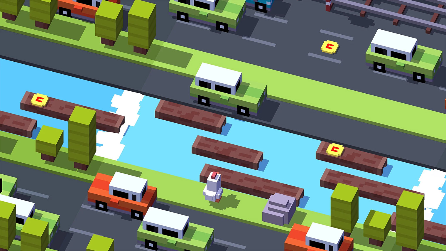 Мир Crossy Road никогда не останавливается. Светофоров здесь нет, как и пешеходных переходов. А иной раз приходится пересекать реку на бревнах. © Hipster Whale