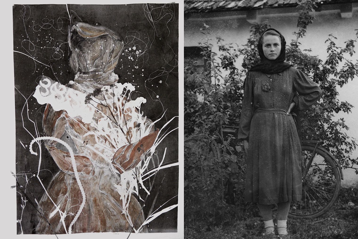 Основой портрета «Лето 1937» стало архивное фото, крой платья и покрытая платком голова. Я представляла, что так могла позировать бабушка, когда была совсем юной. © Личный архив героини