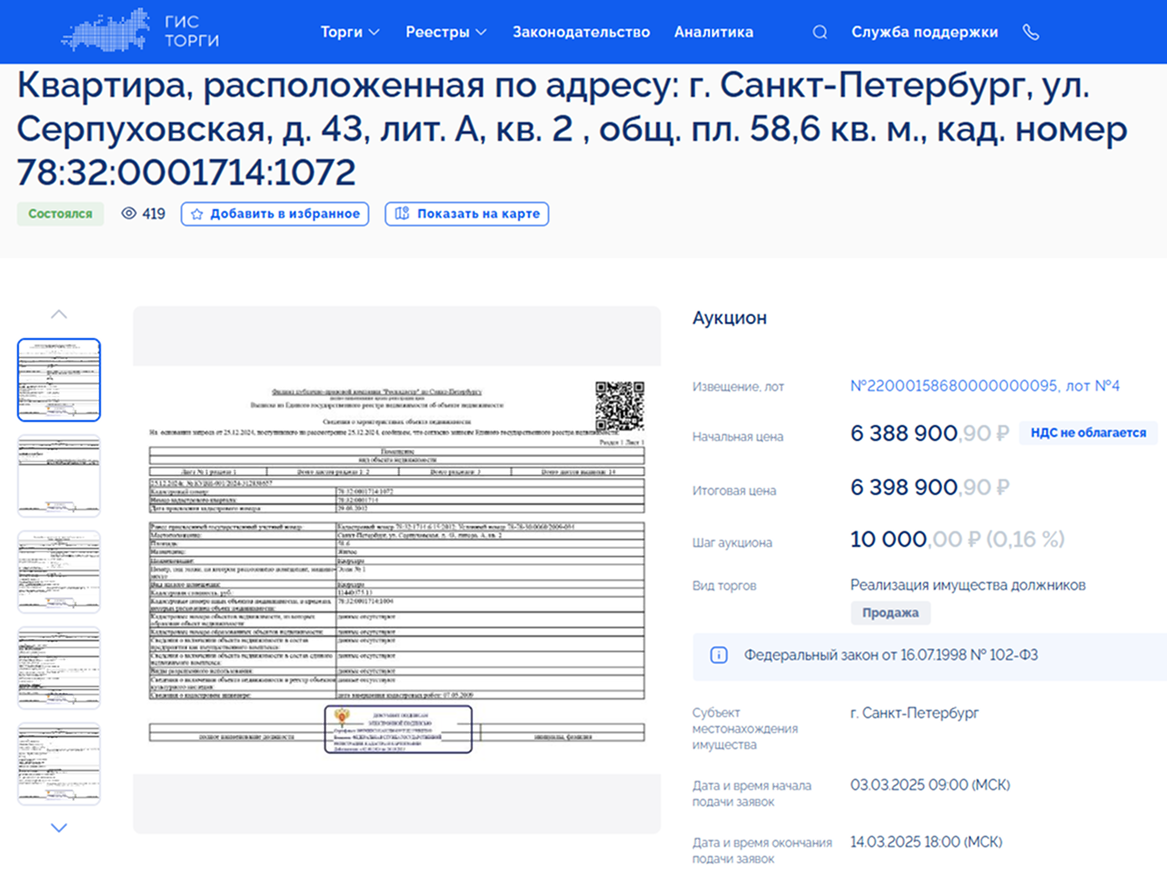 Вот другие торги, где цена лота повысилась всего на шаг — 10 000 ₽. Только один участник сделал ставку. По какой причине этого не сделал второй — непонятно. Возможно, он не пришел на аукцион, хотя подал заявку и уплатил задаток. © torgi.gov.ru