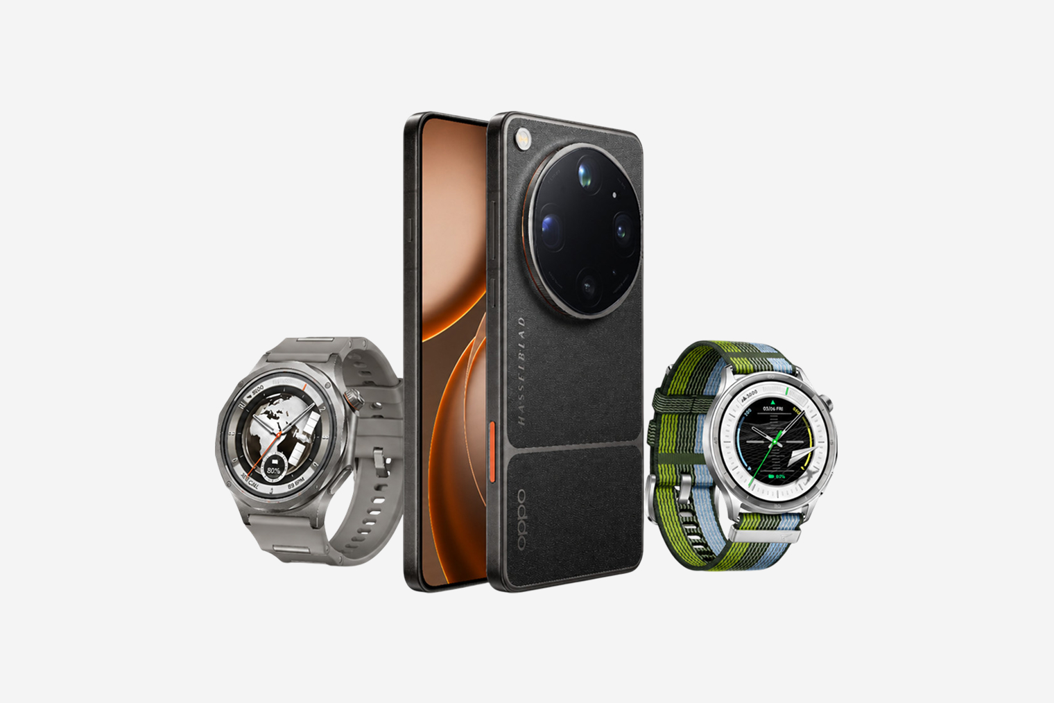 Oppo Find X9 Ultra. Слева от него — смарт-часы Watch X3, а справа — Watch S