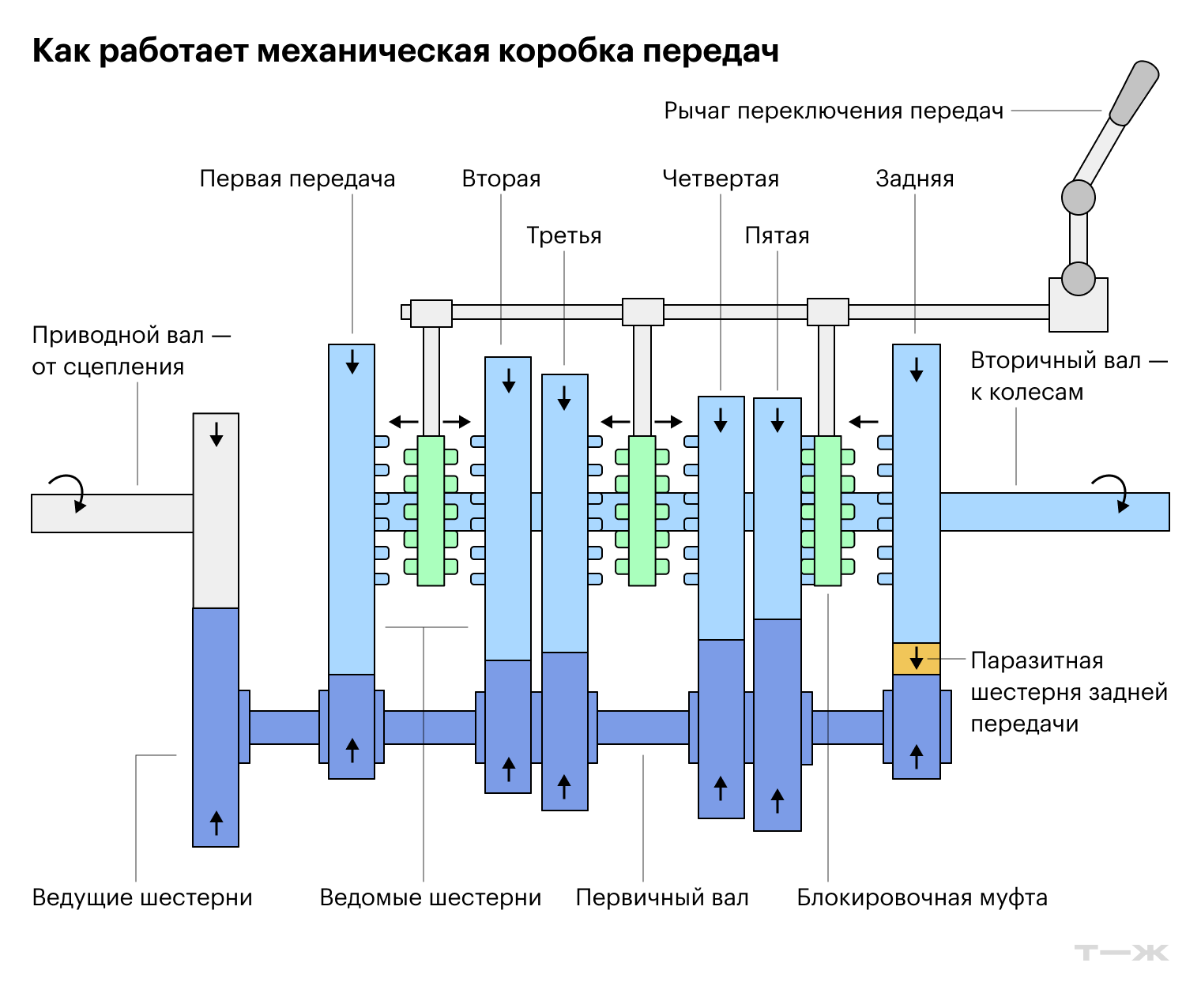 В механической коробке каждая передача, кроме задней, — это пара шестерен. В задней передаче используют дополнительную паразитную шестерню, чтобы изменить направление вращения вторичного вала. На схеме включена пятая передача