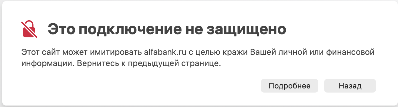 На сайт получится зайти, только если нажать «Подробнее» и открыть дополнительные настройки, чтобы согласиться с возможными рисками