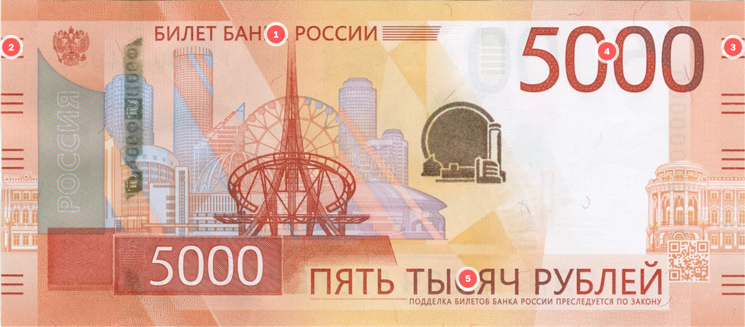 Например, у пятитысячной купюры пять признаков подлинности на ощупь — рельефные надписи и штрихи. © cbr.ru