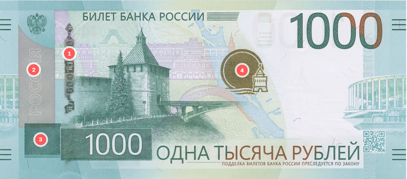 Лицевая сторона: 1 — защитная нить, 2 — скрытые цветные цифры. Еще при наклоне на поле № 3 виден знак рубля ₽, а поле № 4 меняет цвет с золотисто-малинового на золотисто-зеленый. © cbr.ru