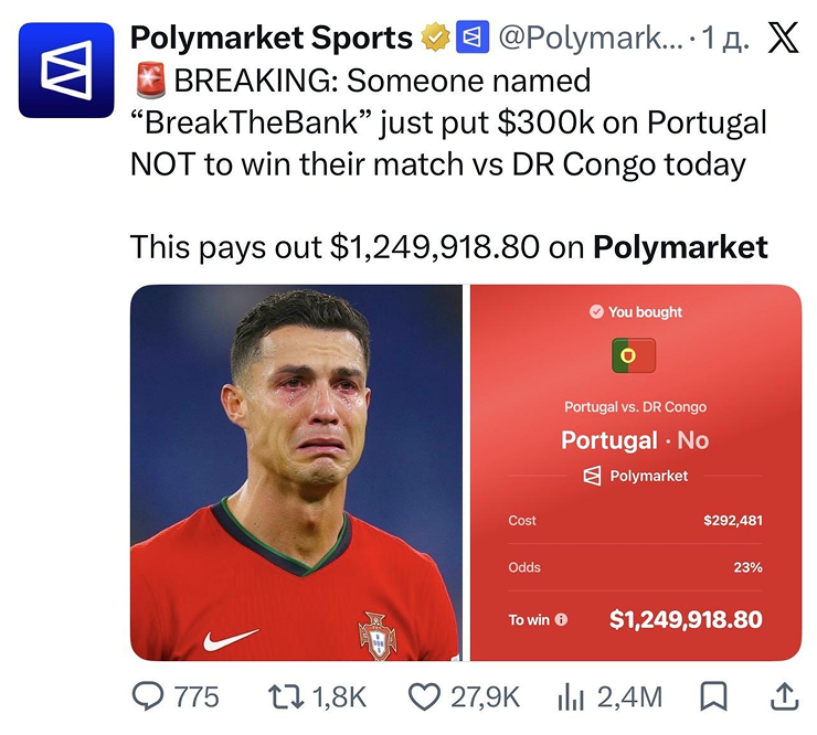 Пример поста о победной ставке — у него более 2 млн просмотров. © Polymarket Sports