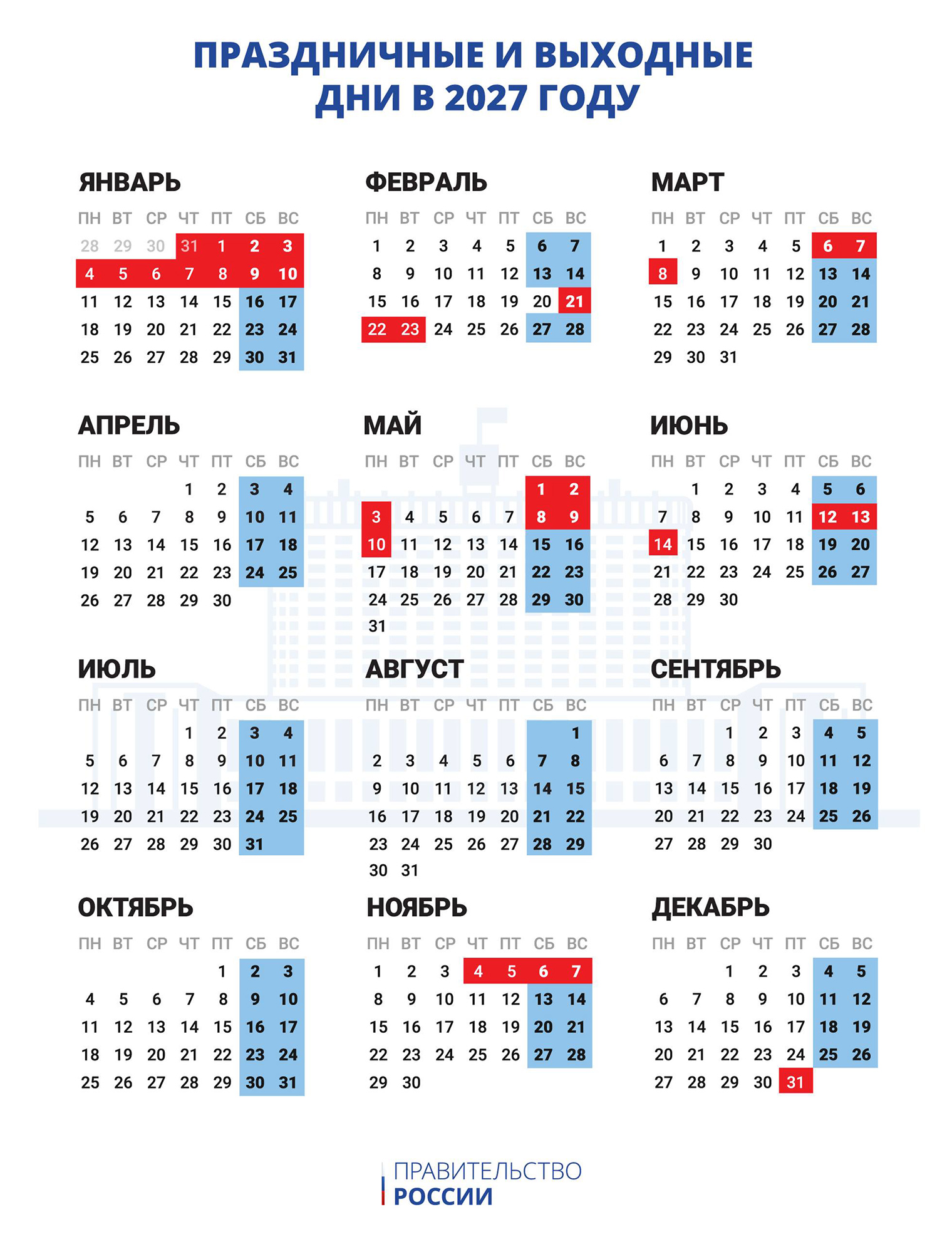 Календарь выходных и праздничных дней в 2027 году. © «Правительство России» / Telegram