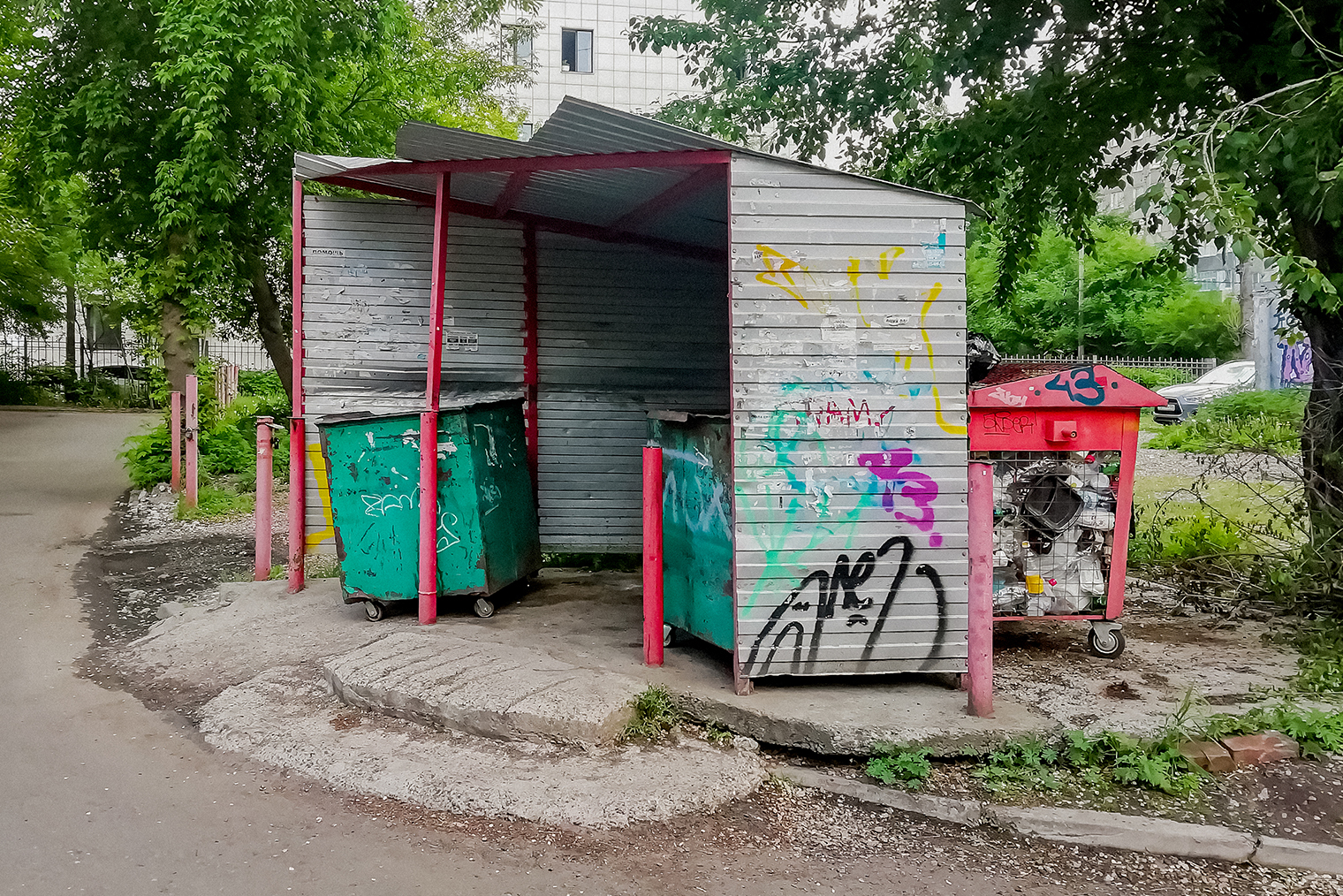Каждый день убираю мусор на бетонном участке вокруг баков и на асфальте. Пластиковые бутылки собираю и бросаю в сетку позади площадки
