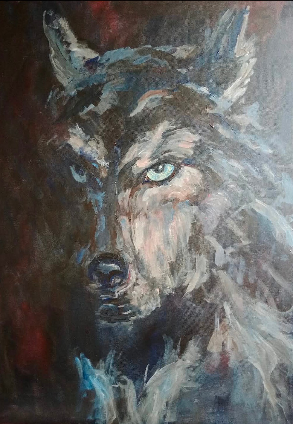 Одинокий волк побитый жизнью и ждущий новые удары, но ещё пытающийся им сопротивляться. Автопортрет. за основу взята фотография из интернета 60×70 см, акрил