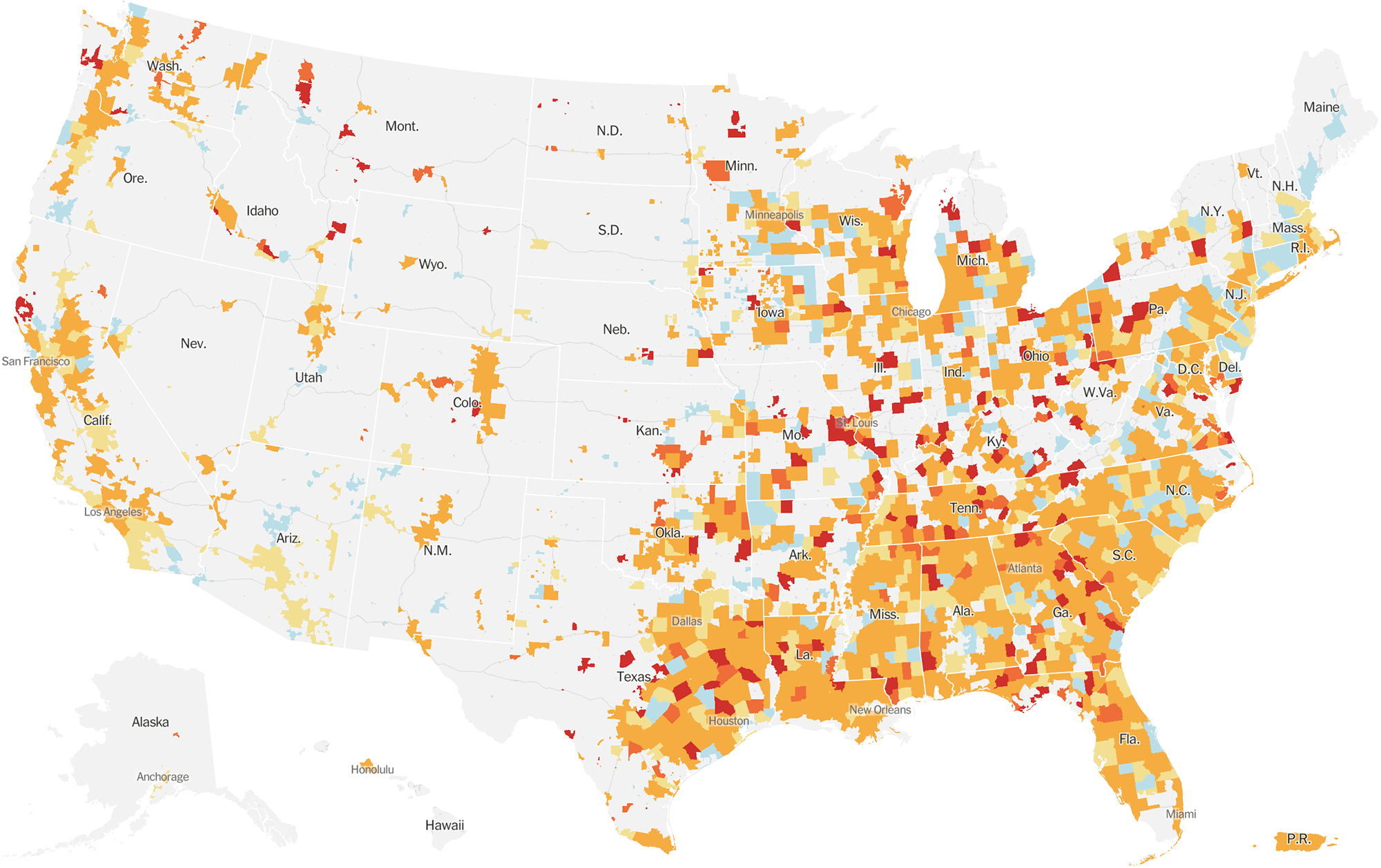 Случаи заражения коронавирусом за последние две недели в разных регионах США на 16 июля 2020 года. Голубой — количество зараженных падает, желтый — остается примерно на прежнем уровне, оранжевый и красный — растет, серый — несколько случаев заражений или вообще нет. Источник: The New York Times