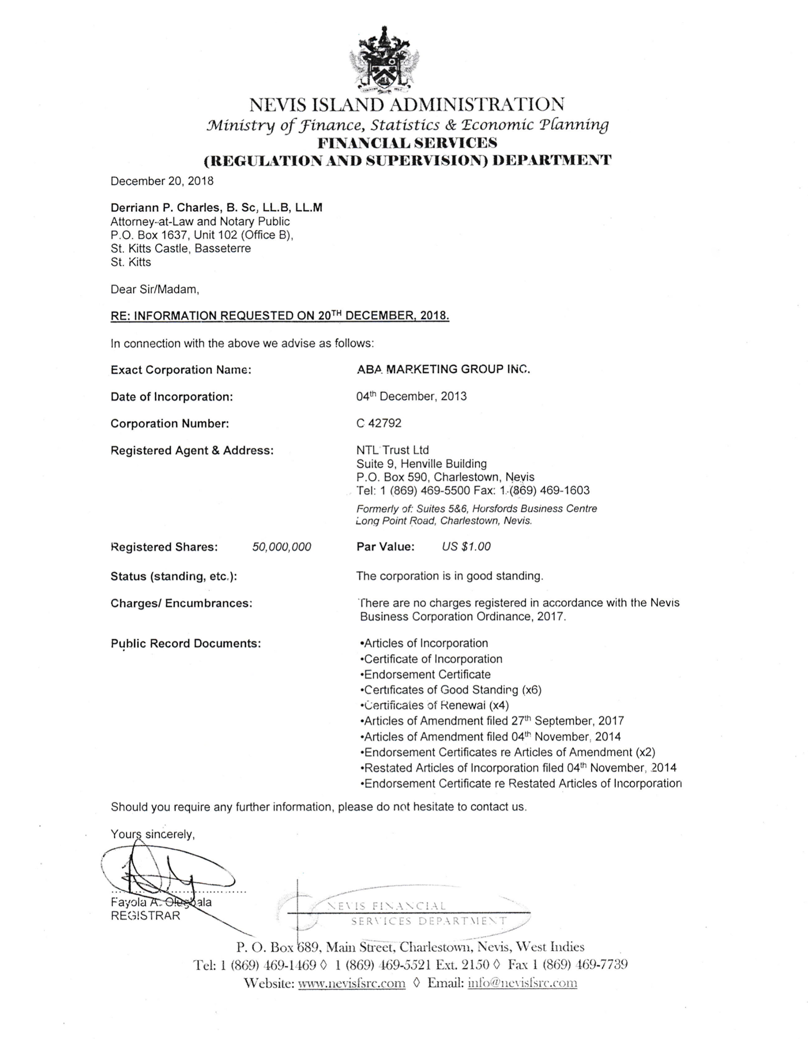 Выписка из реестра юрлиц Сент⁠-⁠Китс и Невис подтверждает реквизиты компании и ее уставный капитал