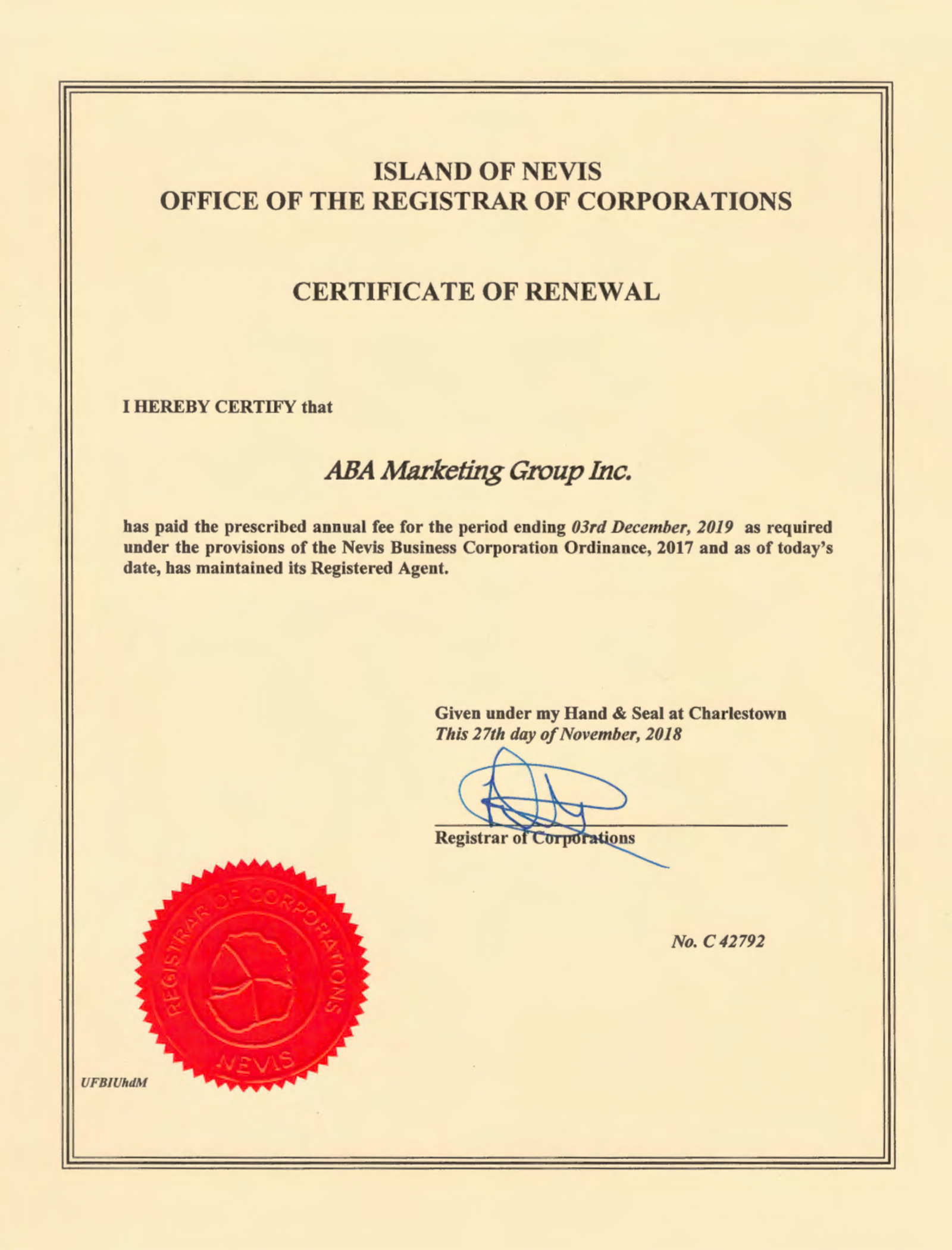 Сертификат продления регистрации — certificate of renewal — подтверждает, что компания ABA Marketing зарегистрирована по стандарту Nevis business corporation ordinance 2017 и что она продлила регистрацию до указанной в документе даты — в данном случае 3 декабря 2019 года