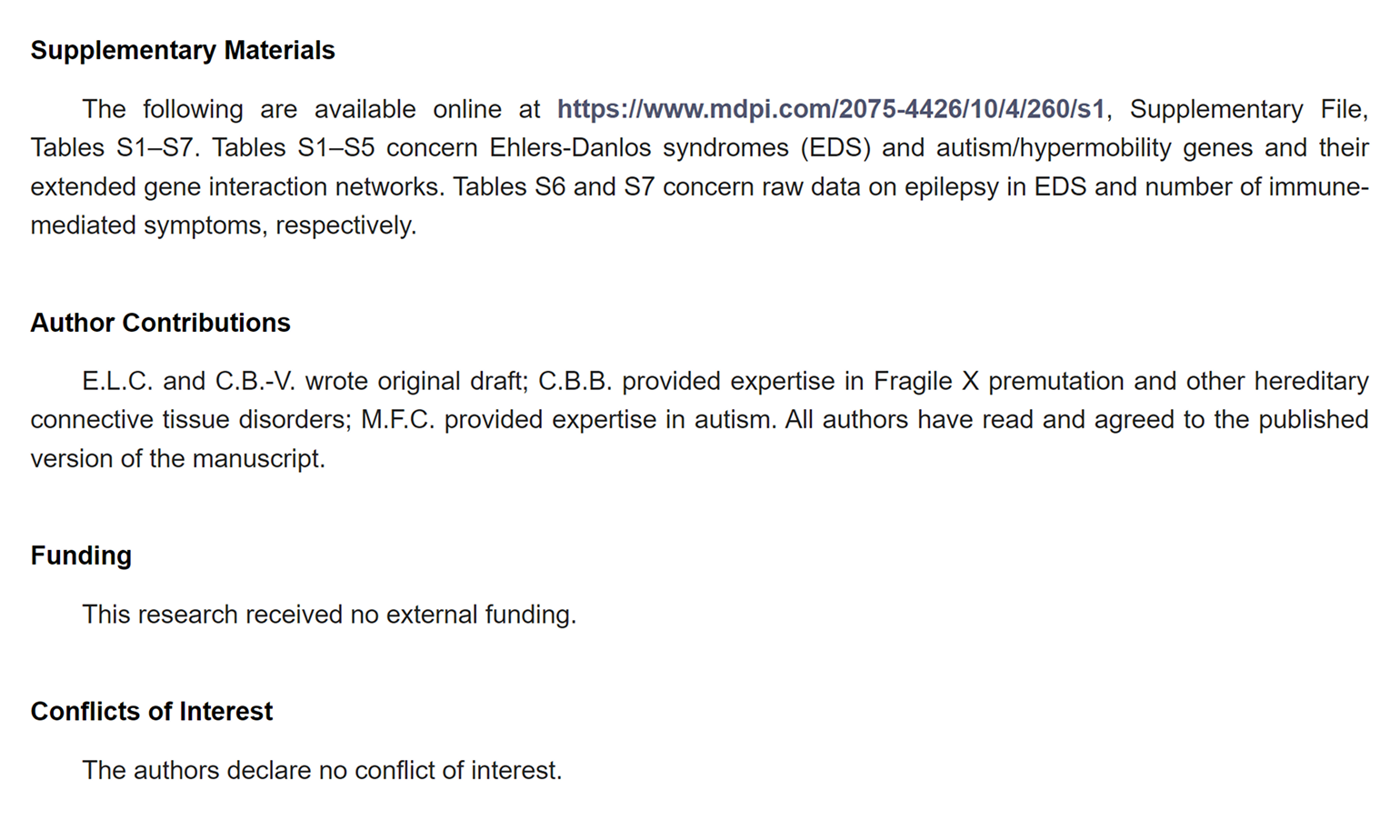 Статья о связи гипермобильности и расстройств аутистического спектра. В разделе с дополнительными материалами авторы расшифровали таблицы, в пункте «Вклад авторов» указали, кто за что отвечал. © mdpi.com