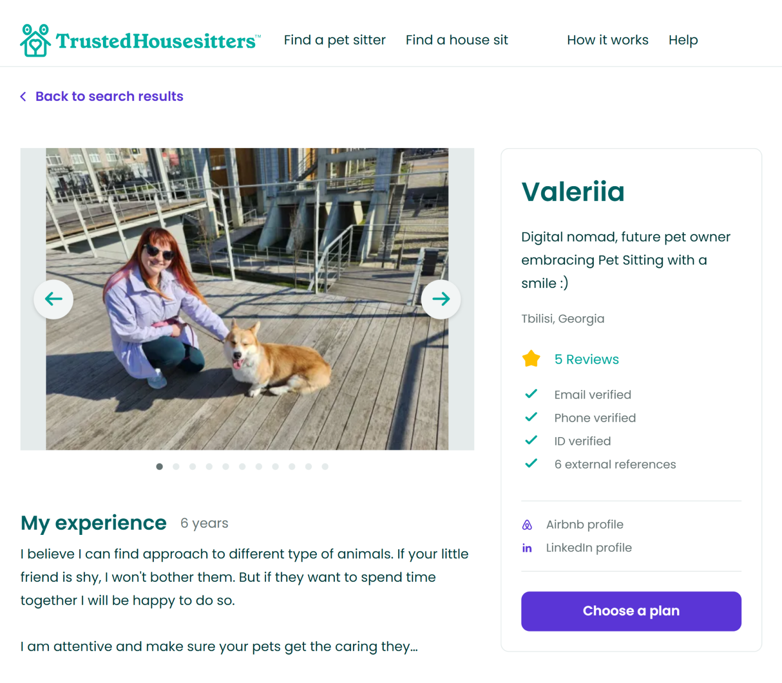 Так выглядит профиль петситтера на платформе. Источник: trustedhousesitters.com