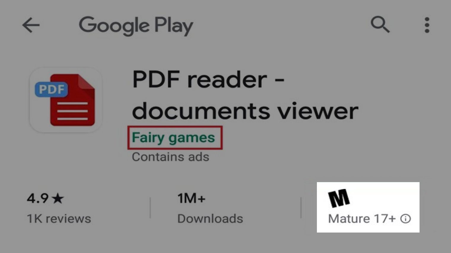Подделки очень похожи на оригиналы, если не обращать внимания на детали. В этом примере название компании-разработчика нехарактерно для приложения, которое должно просто читать PDF. К тому же такому сервису совершенно не нужно возрастное ограничение 17+. Источник: malwarebytes.com