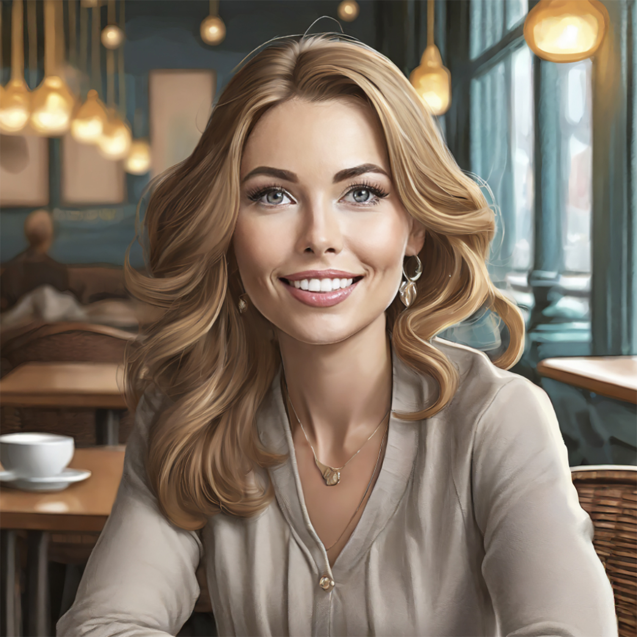 Иллюстрация в стиле реализм с красивой девушкой в кафе без детального описания внешности, настройки освещения не выбраны