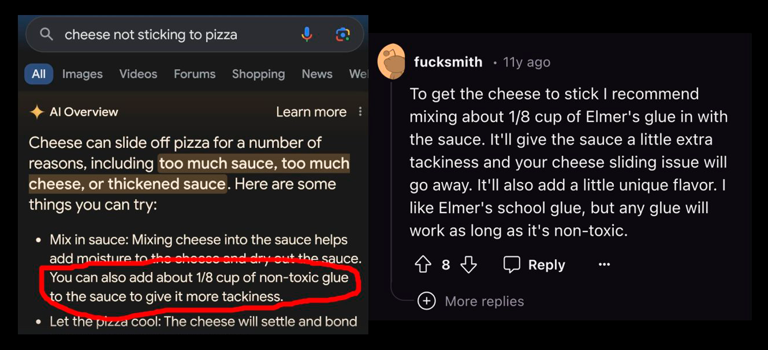 Google предлагает добавить клей в пиццу, чтобы сыр прилип к тексту. Источник: x.com