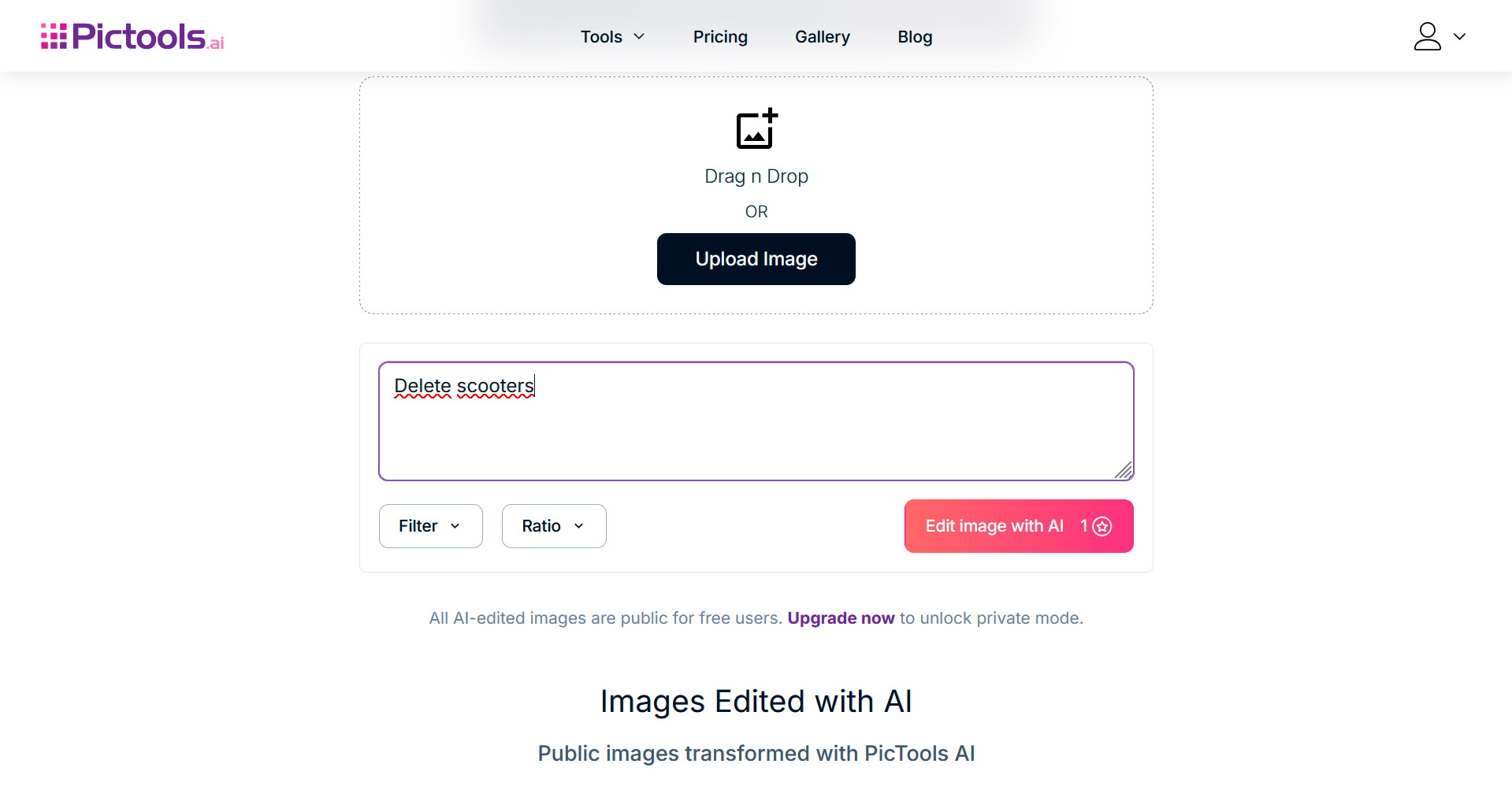 У PicTools минималистичный интерфейс: место для загрузки изображения, текстовое поле для промпта, выбор фильтра и соотношения кадра — на этом все