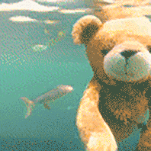 Результат генерации в Phenaki. Запрос: Фотореалистичный плюшевый мишка плавает в океане в Сан⁠-⁠Франциско. Плюшевый мишка уходит под воду. Плюшевый мишка продолжает плыть под водой с разноцветными рыбками. Панда всплывает над водой. Источник: phenaki.github.io