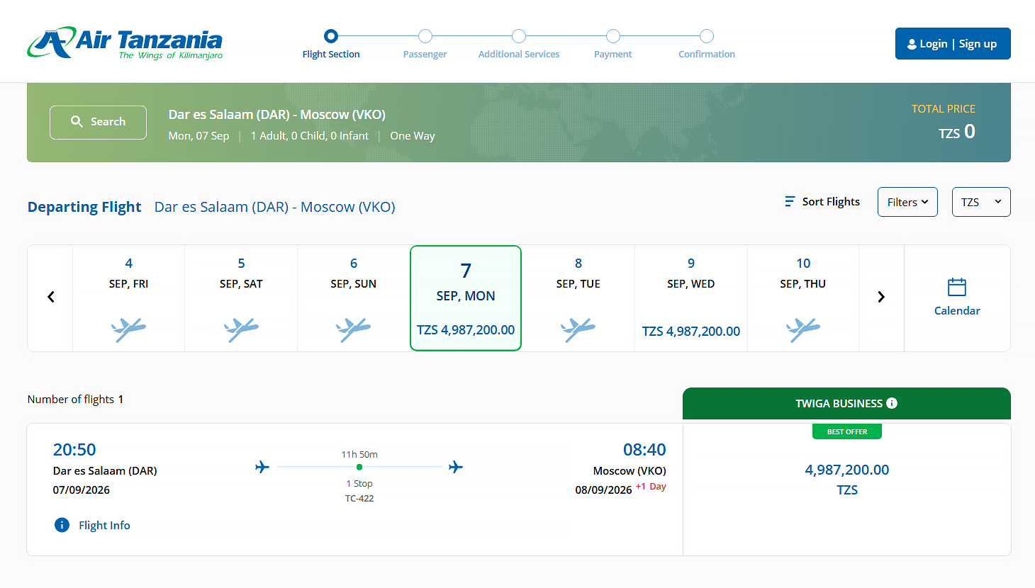 На сайте Air Tanzania можно купить билет Дар-эс-Салам — Москва с вылетом 7 сентября. © airtanzania.co.tz